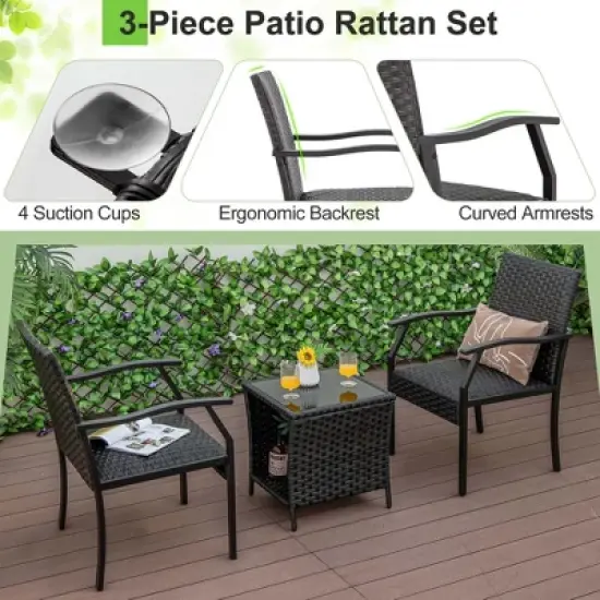 Costway 3 PCS Patio Conversation Set Wicker Chair Tempered Glass Table Cushioned Seat image {4}