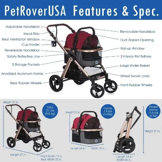 HPZ Pet Rover Prime 3-in-1 Stroller - Luxury Dog/Cat/Pet Stroller (Travel Carrier + Car Seat +Stroller) with Detach Carrier/Pump-Free Rubber Tires image {6}
