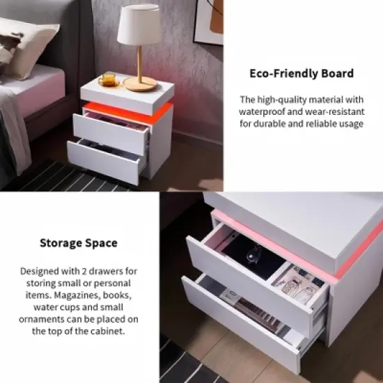 Sapphtopaz Modern Night Stand with Drawers Wood Side Table with Top Panel and Open Compartment LED Bedside Table, Nightstand for Bedroom image {1}