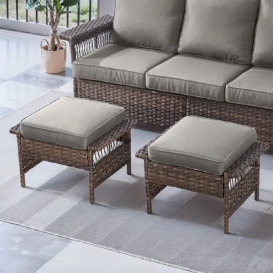 POCASSY Outdoor Ottomans Set of 2, All Wicker Rattan Patio Footrest Ottoman with Cushion image {7}