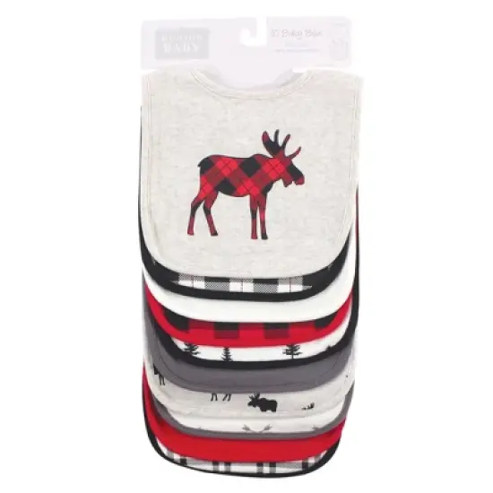Hudson Baby Infant Boy Cotton Bibs, Buffalo Plaid Moose, One Size image {1}