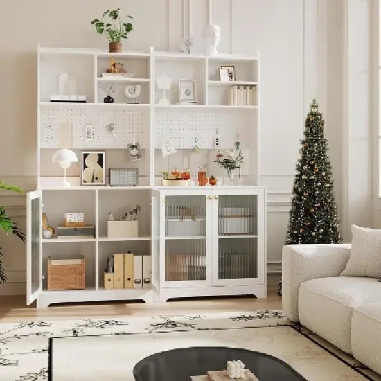 71" Kitchen Pantry Cabinet, Wooden Tall Sideboard Buffet Cabinet with Microwave Stand, Pegboard and Hutch, Pantry Storage Organizers Coffee Bar image {8}