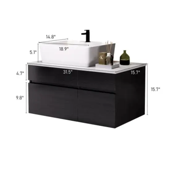 GDFStudio Robert 31.5" Wall-Mounted Ceramic Sink Bathroom Vanity with Drawer and Shelf image {2}