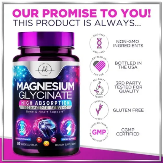 Magnesium Glycinate - 1000mg High Absorption Chelated Magnesium Supplement for Sleep, Muscle, Nerve & Heart Support - 60 Capsules By Hello Lovely! image {3}