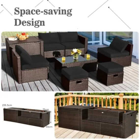 Tangkula 9PCS Outdoor Patio Furniture Set with 30" Propane Fire Pit Table PE Wicker Space-Saving Sectional Sofa Set w/ Storage Box & Cushions image {7}
