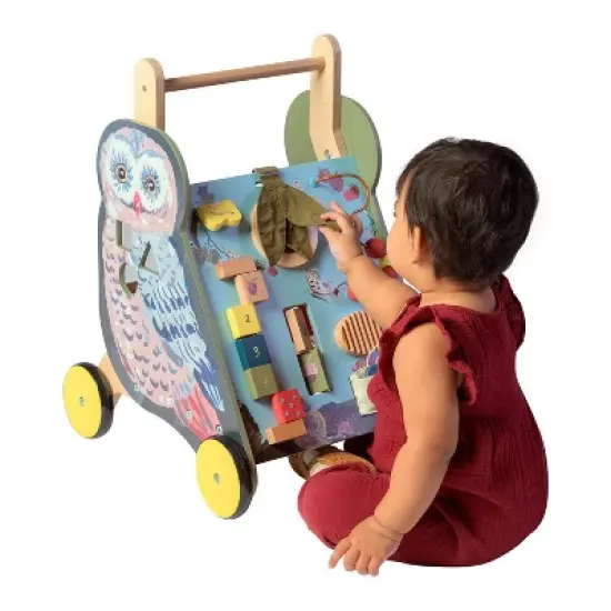 Manhattan Toy Wildwoods Owl Wooden Push Cart with Shape Sorter and Basket, Serrated Oval, Spinners, Bead Run and More image {6}
