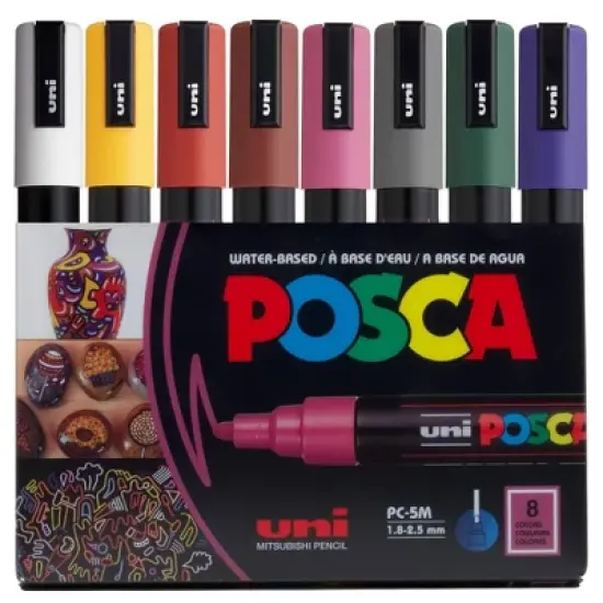uniball POSCA 8pk PC-5M Water Based Paint Markers Medium Tip 1.8-2.5mm Dark Colors image {7}