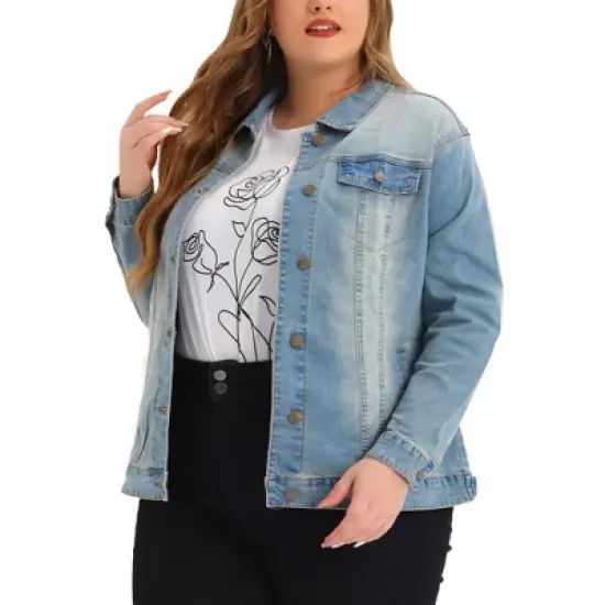 Agnes Orinda Women's Plus Size Outerwear Button Front Washed Denim Jean Jacket image {14}