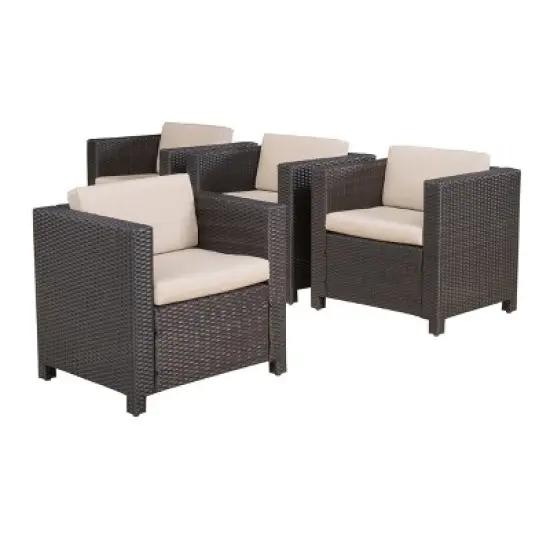 Puerta 4pc Wicker Club Chair & Coffee Table Set - Teak/Dark Brown/Beige - Christopher Knight Home image {1}