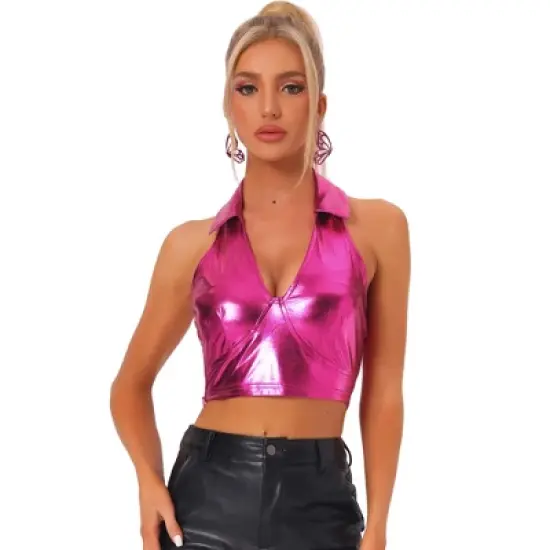 Allegra K Women's Shimmering Shiny Party Holographic Crop Metallic Halter Top image {5}