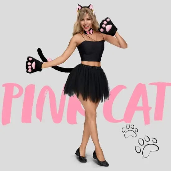 Joyfy 5 Pcs Kitty Cat Halloween Costume Accessory Set for Adult, Kids, Cat Ears Headband, Paws Gloves, Bow Tie, Tail, Cosplay Dress Up Party image {2}