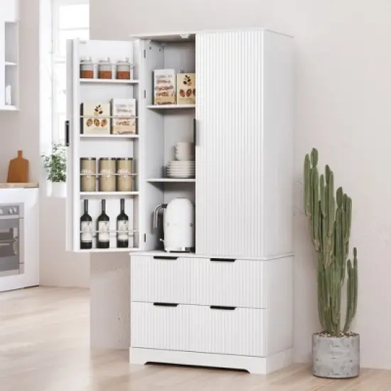 GDFStudio Lewis 71.65" Modern Fluted Kitchen Pantry Cabinet with 2 Large Drawers and 8-Door Spice Rack, White image {8}