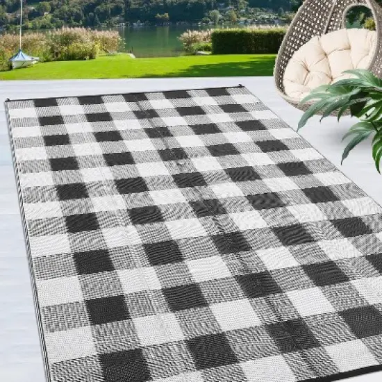 Waterproof Outdoor Rug Uv Resistant Plastic Straw Rug Modern Checkerboard Reversible Plaid Camping Carpet Picnic Mat for Beach, Backyard image {8}