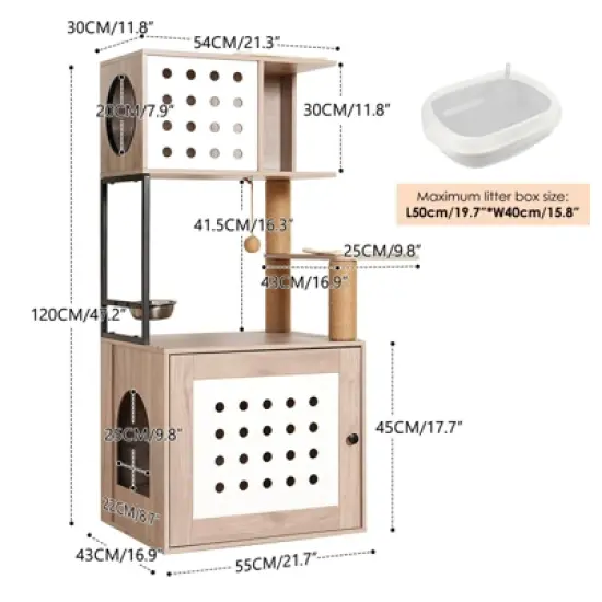 Kumasinova Modern Cat Tree with Litter Box Enclosure,Cat Tree Tower with Feeding Station,Multi-Functional Cat Tower with Scratching Post,Gray+White image {1}