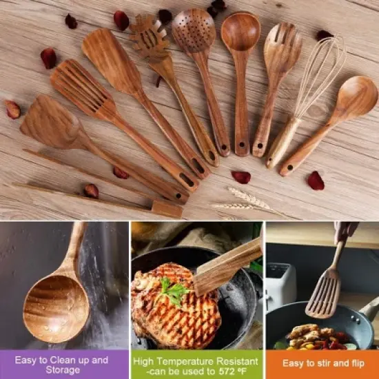 Itopfox Kitchen Utensil Set with Holder, Natural Teak Wood Spoons for Cooking, Includes Spatula, Ladle & More, Non-Scratch Wooden Tools for Cookware image {2}