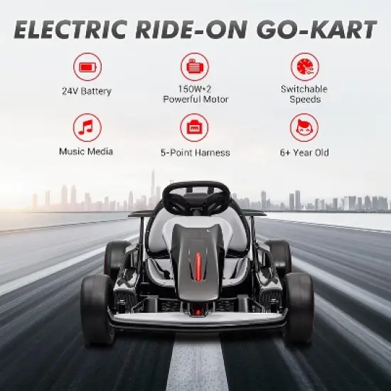 Go Kart, Electric Drift Kart Car with Adjustable Seat, 24V 7Ah Outdoor Ride On Toy, 8.1 MPH, LED Lights, Toy Race Car for Kids 6-12 Years Old image {5}