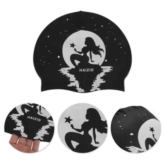 Unique Bargains Silicone Moon Mermaid Pattern Waterproof Swim Cap Black White 1 Pc image {2}