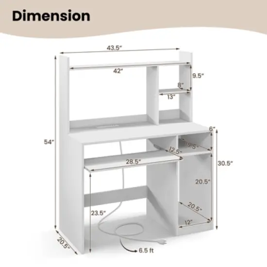 Tangkula Computer Desk w/ Charging Station 43.5&rdquo; Gaming Table Workstation w/ Keyboard Tray CPU Stand & Storage Shelves White/Black image {9}