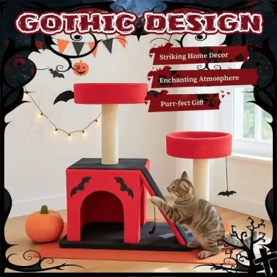Halloween Gothic Cat Tree with Bat Wings, Spider Toy, Sisal Scratching Posts, Dual Perches & Condo &uml;C Dark Red and Black Cat Tower image {4}