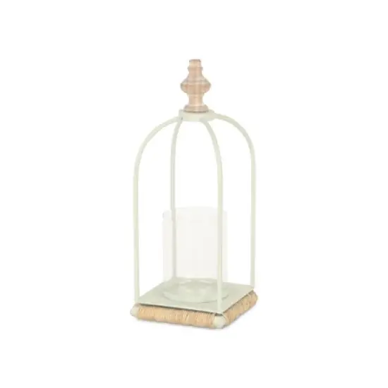 HomeRoots 14" White Metal With Wood And Rope Tabletop Lantern Candle Holder image {3}