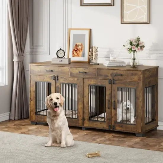 71" Large Dog Crate for 2 Dogs, Double Dog Cage Furniture with 3 Drawers for Ample Storage Space image {9}