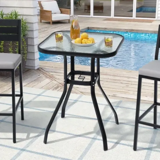 Crestlive Products Outdoor Bar Table with Umbrella Hole Patio Dining Bistro Table with Aluminum Frame Tempered Glass Top Outside Banquet Furniture image {6}