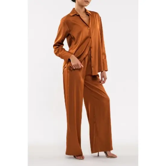 August Sky Women's Satin Button Down Top and Wide Leg Pant Set image {2}