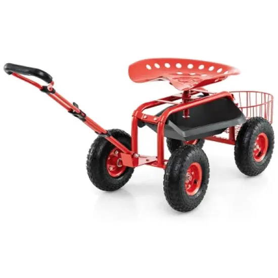 Costway Garden Cart Patio Wagon Roll Work Seat with Tray Basket Extendable Handle Blue/Red/Green image {12}