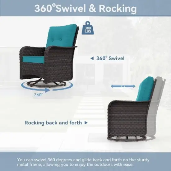 ALAULM Patio Furniture Set Outdoor Swivel Gliders Rocker, Wicker Patio Bistro Set, Rocking Chair with Tempered Glass Table and Thickened Cushions image {5}
