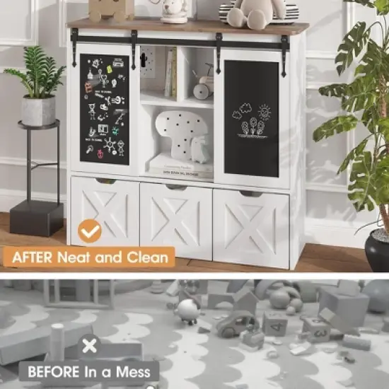Toy Storage Organizer with Sliding Blackboard, Kids Bookcase with 3 Movable Drawers, Multifunctional Storage Cabinet image {5}