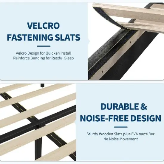 Full/ Queen/ King Bed Frame with Adjustable Headboard, Fabric Upholstered and Wooden Slats Support, Heavy Duty Mattress Foundation image {6}