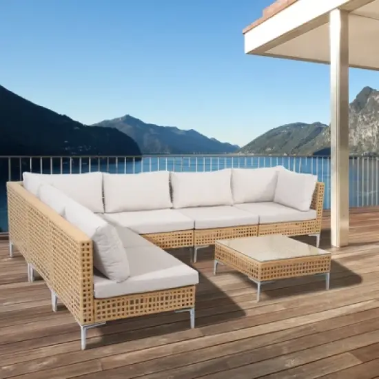 Yardgrace 7-Piece Cutout Wicker Hollow-Design Corner Sofa Outdoor Patio Conversation Sectional Seating Set image {4}