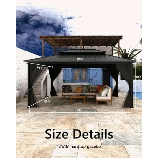 GustoWave 12'x16' Outdoor Double Hardtop Patio Gazebo for Deck, Backyard, Lawn, Garden image {1}