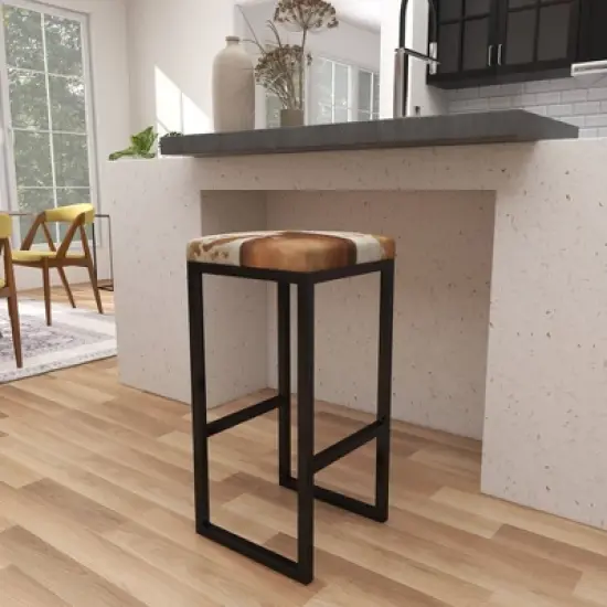 Industrial Cowhide and Metal Bar Height Stool Brown - Olivia & May image {6}