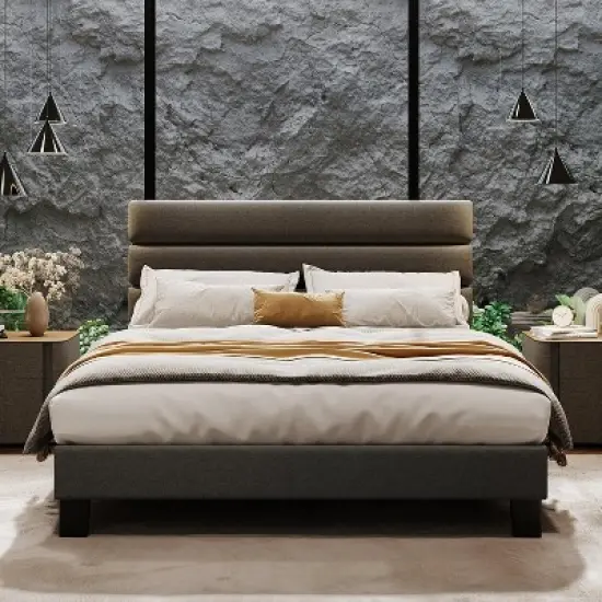 Full/ Queen/ King Bed Frame with Adjustable Headboard, Fabric Upholstered and Wooden Slats Support, Heavy Duty Mattress Foundation image {9}