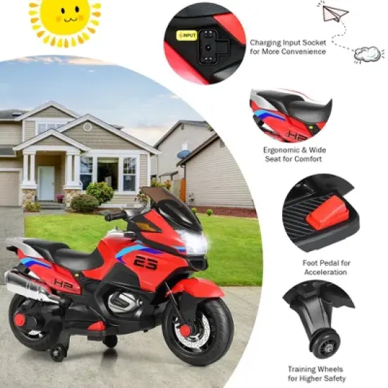 Costway 12V Kids Ride On Motorcycle Electric Motor Bike w/ Training Wheels & Light Red image {8}