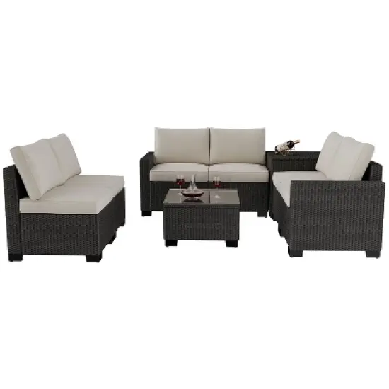 Garvee Outdoor Patio Furniture Set, 8 Piece Patio Rattan Sectional Couch Set,Wicker Patio Conversation Sets with with Storage Box & Glass Top Table image {4}