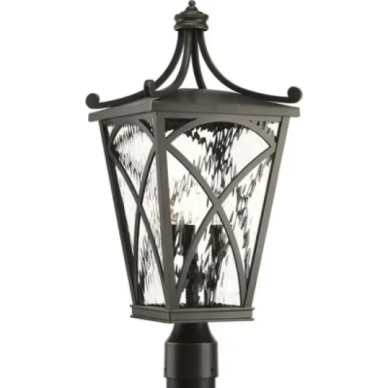 Progress Lighting, Cadence, 3-Light Post Lantern, Oil Rubbed Bronze, Clear Water Glass Panels, Mediterranean Style image {3}