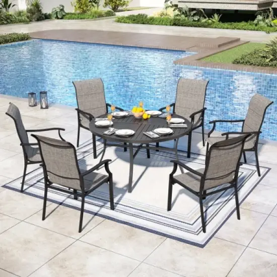 Captiva Designs 7pc Black Slatted Round Steel Table with Umbrella Hole & Grayish Brown Textilene Chairs image {16}