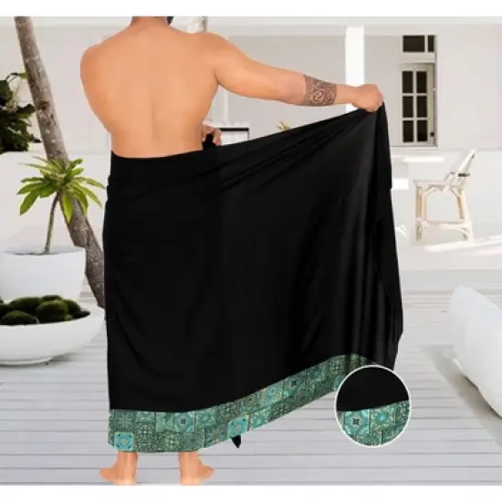 LA LEELA Men's Swimwear Cover Up Summer Pareo Sarong One Size Geometric Black image {1}