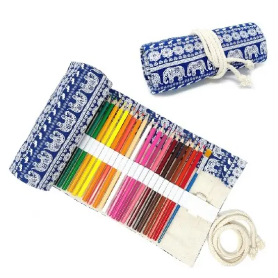 Wrapables Pencil Roll Organizer, Colored Pencil Wrap Pouch (72 slots), Blue Elephants image {6}