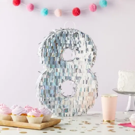 Blue Panda Small Silver Holographic Foil Number 8 Pinata for Kids 8th Birthday Party Decorations, 15.7 x 9 in image {1}
