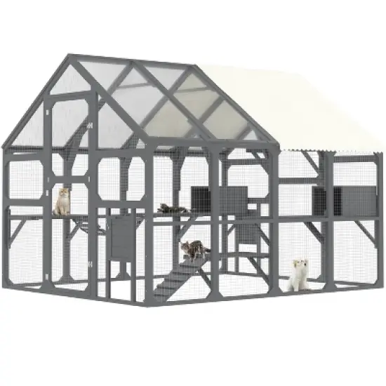 YOOCOZZ Large Catio Outdoor Cat Enclosure, Wooden Cat House with 7 Platforms, 2 Resting Boxes, 1 Bridge and 1 Ramp, Sunshine Board Roof-Gray image {2}