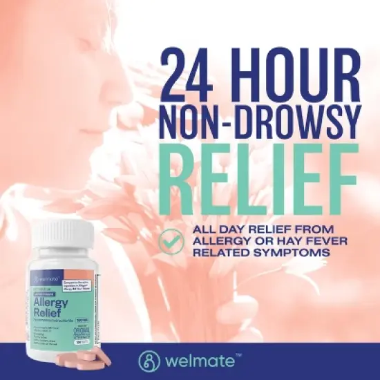 WELMATE 24 Hour Allergy Relief Tablets - Fexofenadine HCl 180mg 100ct image {2}