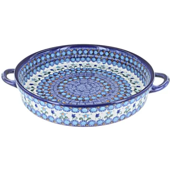 Blue Rose Polish Pottery 182 Vena large Round Baker with Handles image {3}