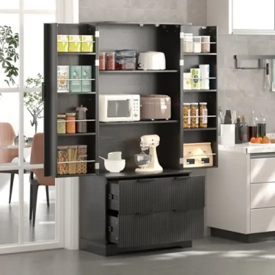 Bella Depot 72" Fluted Kitchen Pantry Cabinet with 2 Drawers & 8-Door Spice Rack, Freestanding Storage Organizer for Bathroom, Dining Room, Entryway image {12}