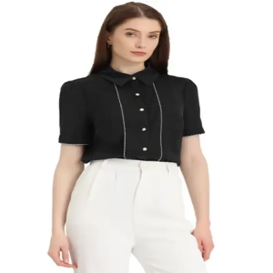 Allegra K Women's Contrast Trim Point Collar Puff Short Sleeve Button Down Shirt image {6}