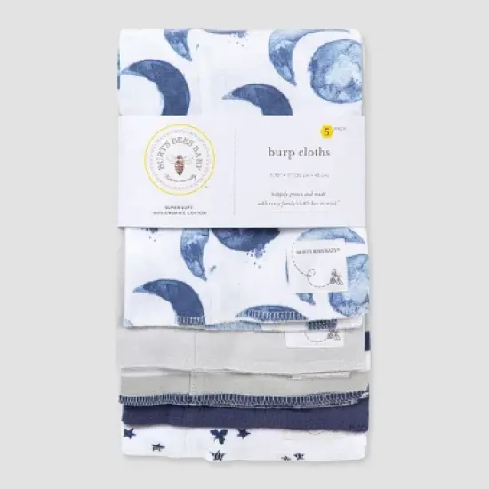 Burt's Bees Baby&reg; Boys' 5pk Hello Moon Burp Cloth - Navy image {1}
