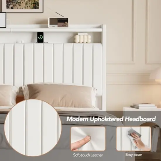 Queen Size Bed Frame with Lights & Charging Station, Upholstered Platform Bed Frame wth Storage Headboard, 50&iexcl;&plusmn; Tall Headboard, White image {5}