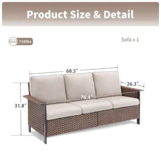 Buenhomino Wicker Outdoor Patio Sofa Patio Furniture Loveseat, All Weather Wicker 3-Seater Outdoor Furniture Sofa image {3}